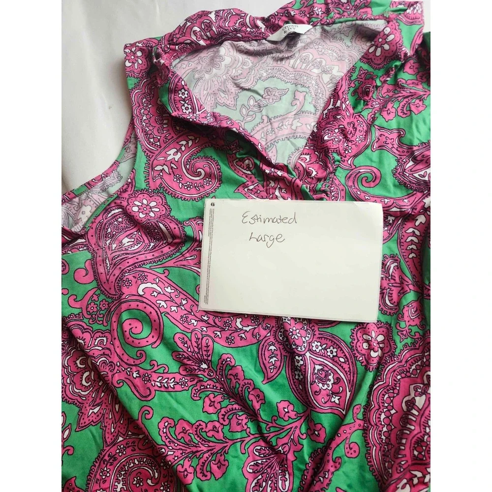Crown & Ivy Top Womens L Green Pink Paisley Country Club Summer Resortwear